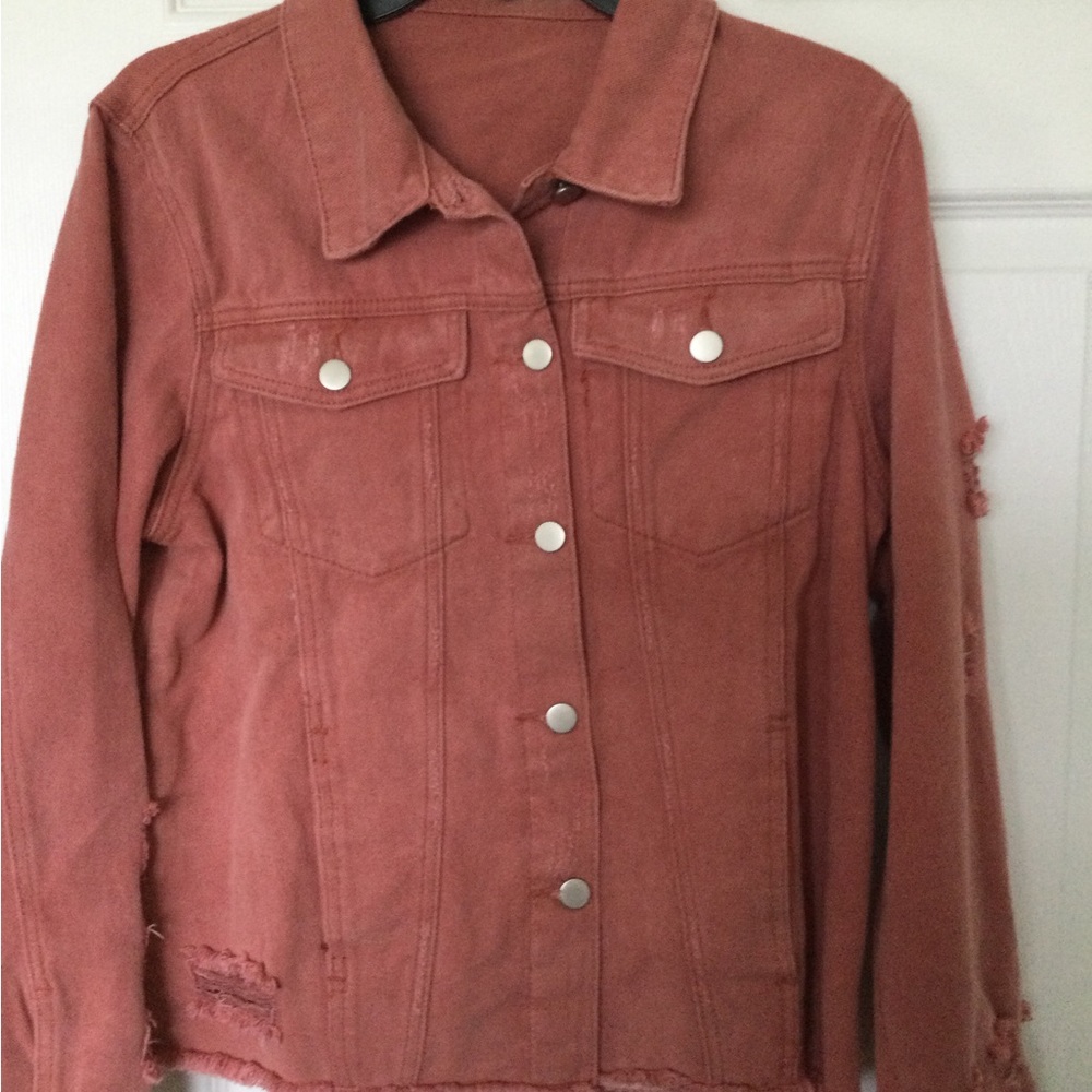 Denim Jacket NEW  Large Raw Hemline Coral Salmon in Color